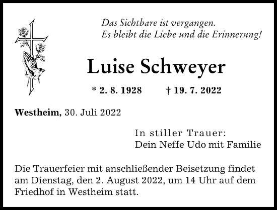 Traueranzeige von Luise Schweyer von Augsburger Allgemeine