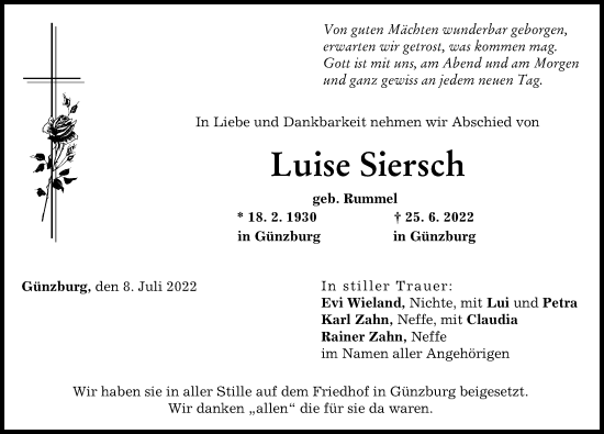 Traueranzeige von Luise Siersch von Günzburger Zeitung