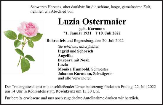 Traueranzeige von Luzia Ostermaier von Neuburger Rundschau
