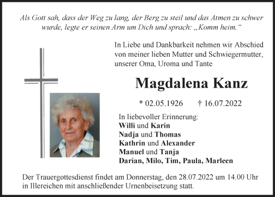Traueranzeige von Magdalena Kanz von Illertisser Zeitung