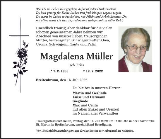 Traueranzeige von Magdalena Müller von Mindelheimer Zeitung