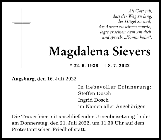 Traueranzeige von Magdalena Sievers von Augsburger Allgemeine