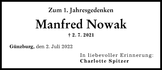 Traueranzeige von Manfred Nowak von Günzburger Zeitung