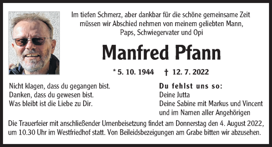 Traueranzeige von Manfred Pfann von Augsburger Allgemeine