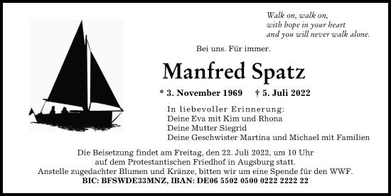 Traueranzeige von Manfred Spatz von Augsburger Allgemeine