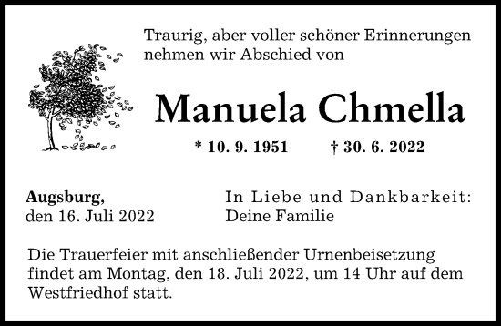 Traueranzeige von Manuela Chmella von Augsburger Allgemeine