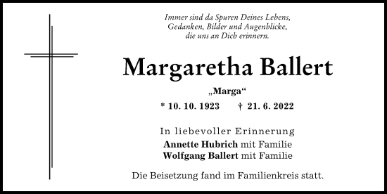 Traueranzeige von Margaretha Ballert von Friedberger Allgemeine