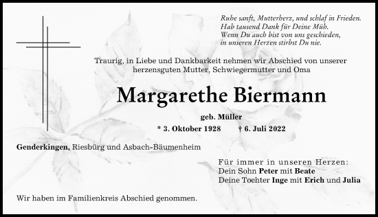 Traueranzeige von Margarethe Biermann von Donauwörther Zeitung