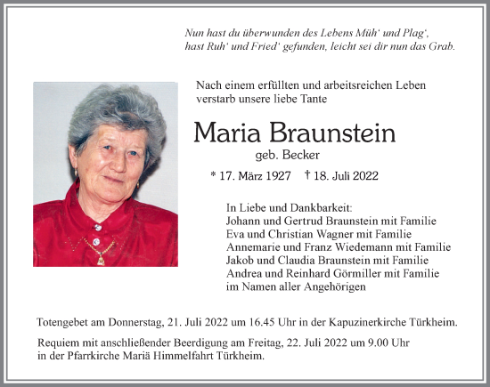 Traueranzeige von Maria Braunstein von Mindelheimer Zeitung