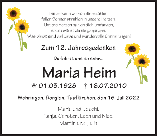 Traueranzeige von Maria Heim von Schwabmünchner Allgemeine