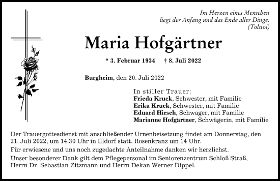 Traueranzeige von Maria Hofgärtner von Neuburger Rundschau
