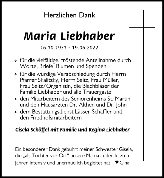 Traueranzeige von Maria Liebhaber von Mindelheimer Zeitung
