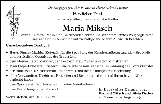 Traueranzeige von Maria Miksch von Wertinger Zeitung