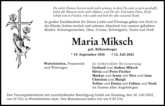 Traueranzeige von Maria Miksch von Wertinger Zeitung