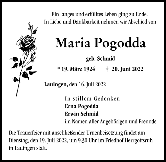 Traueranzeige von Maria Pogodda von Donau Zeitung