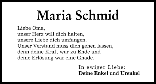 Traueranzeige von Maria Schmid von Neuburger Rundschau