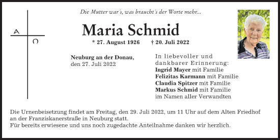 Traueranzeige von Maria Schmid von Neuburger Rundschau