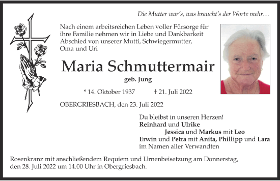 Traueranzeige von Maria Schmuttermair von Aichacher Nachrichten