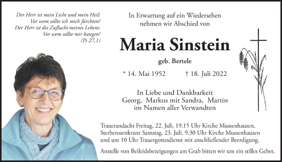 Traueranzeige von Maria Sinstein von Mindelheimer Zeitung