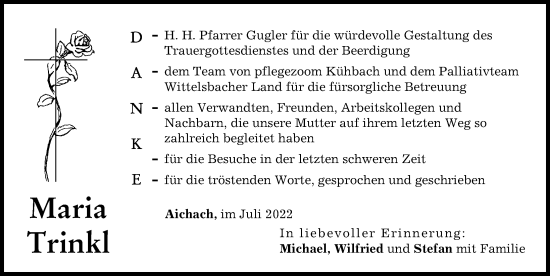 Traueranzeige von Maria Trinkl von Aichacher Nachrichten