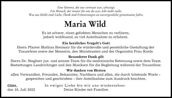 Traueranzeige von Maria Wild von Donau Zeitung