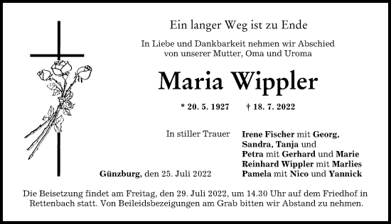 Traueranzeige von Maria Wippler von Günzburger Zeitung