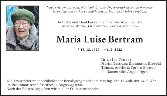 Traueranzeige von Maria Luise Bertram von Augsburger Allgemeine