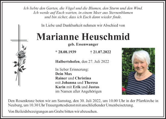 Traueranzeige von Marianne Heuschmid von Mittelschwäbische Nachrichten
