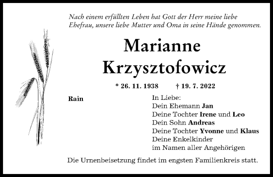 Traueranzeige von Marianne Krzysztofowicz von Donauwörther Zeitung