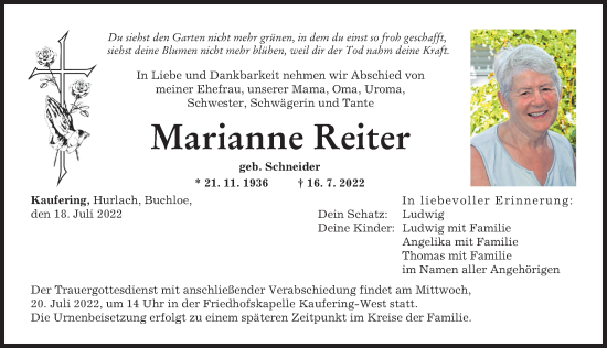 Traueranzeige von Marianne Reiter von Landsberger Tagblatt