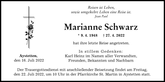 Traueranzeige von Marianne Schwarz von Augsburger Allgemeine