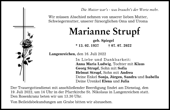 Traueranzeige von Marianne Strupf von Augsburg-Land