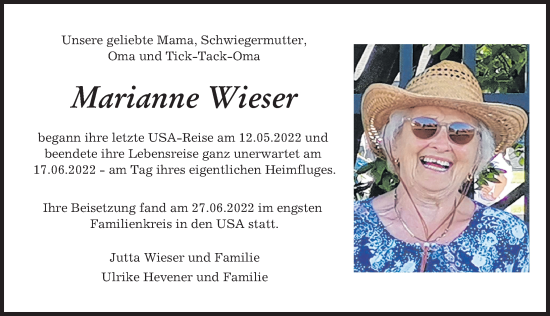 Traueranzeige von Marianne Wieser von Günzburger Zeitung