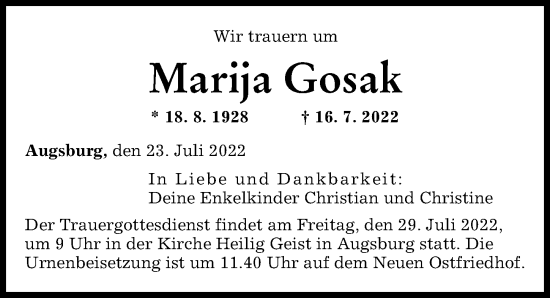Traueranzeige von Marija Gosak von Augsburger Allgemeine