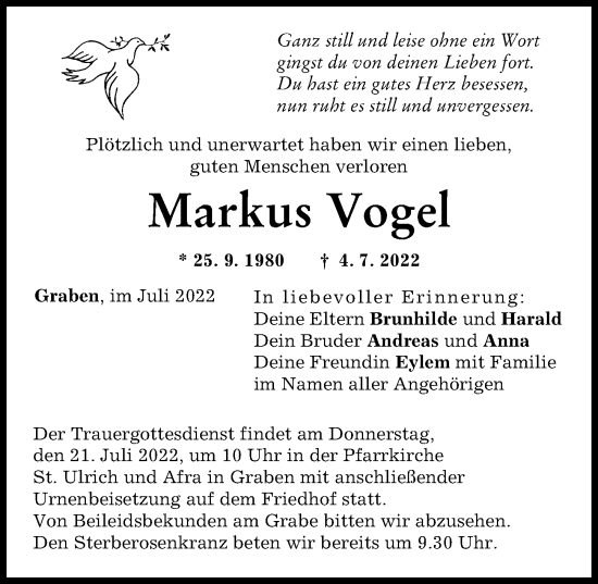 Traueranzeige von Markus Vogel von Schwabmünchner Allgemeine