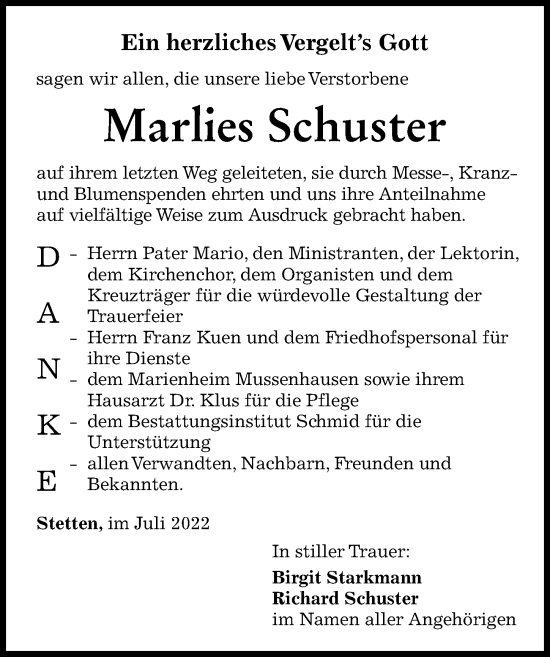 Traueranzeige von Marlies Schuster von Mindelheimer Zeitung