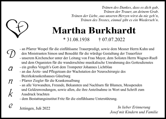 Traueranzeige von Martha Burkhardt von Günzburger Zeitung