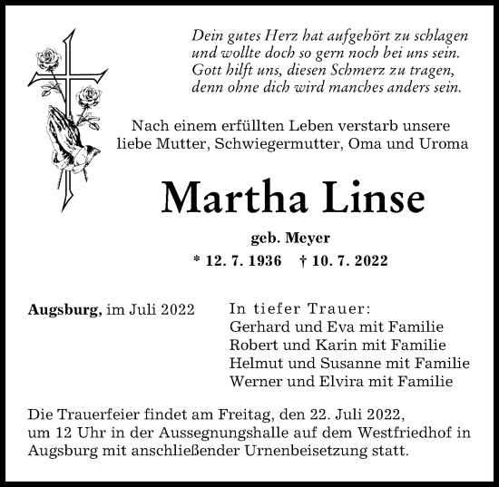 Traueranzeige von Martha Linse von Augsburger Allgemeine