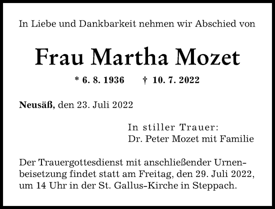 Traueranzeige von Martha Mozet von Augsburger Allgemeine