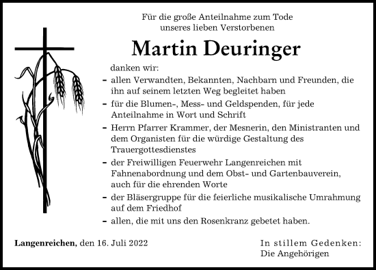 Traueranzeige von Martin Deuringer von Wertinger Zeitung, Augsburg-Land