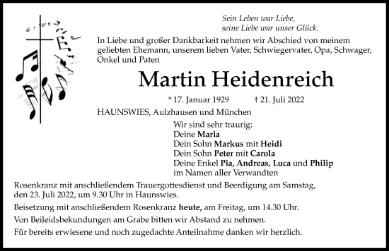 Traueranzeige von Martin Heidenreich von Aichacher Nachrichten