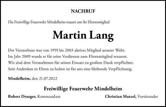 Traueranzeige von Martin Lang von Mindelheimer Zeitung