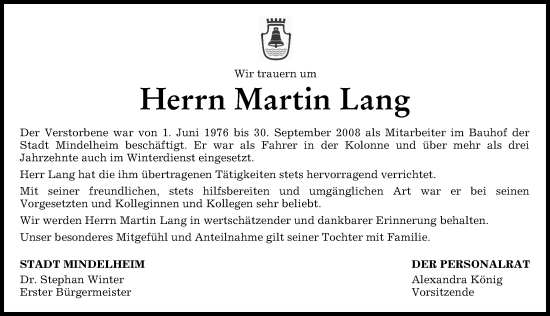 Traueranzeige von Martin Lang von Mindelheimer Zeitung