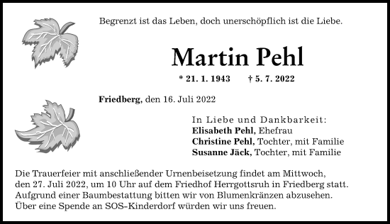Traueranzeige von Martin Pehl von Friedberger Allgemeine