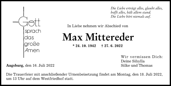 Traueranzeige von Max Mittereder von Augsburger Allgemeine