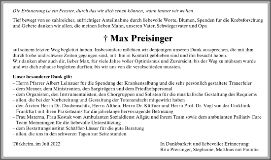 Traueranzeige von Max Preisinger von Mindelheimer Zeitung