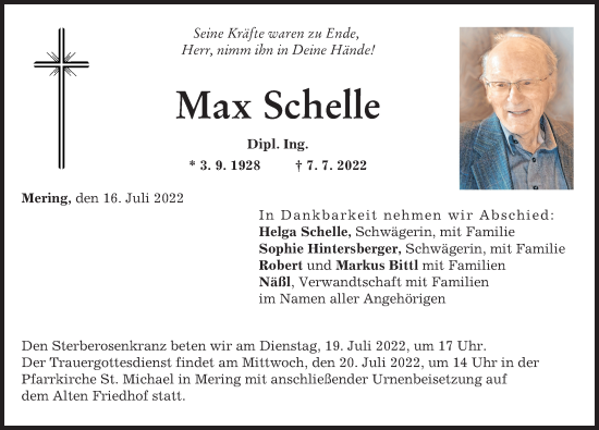 Traueranzeige von Max Schelle von Friedberger Allgemeine