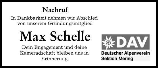 Traueranzeige von Max Schelle von Friedberger Allgemeine