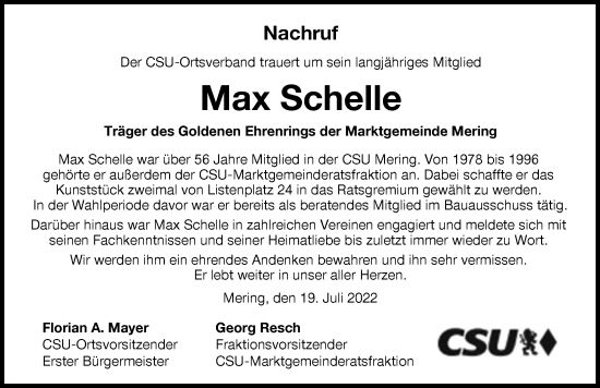 Traueranzeige von Max Schelle von Friedberger Allgemeine