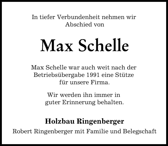 Traueranzeige von Max Schelle von Friedberger Allgemeine